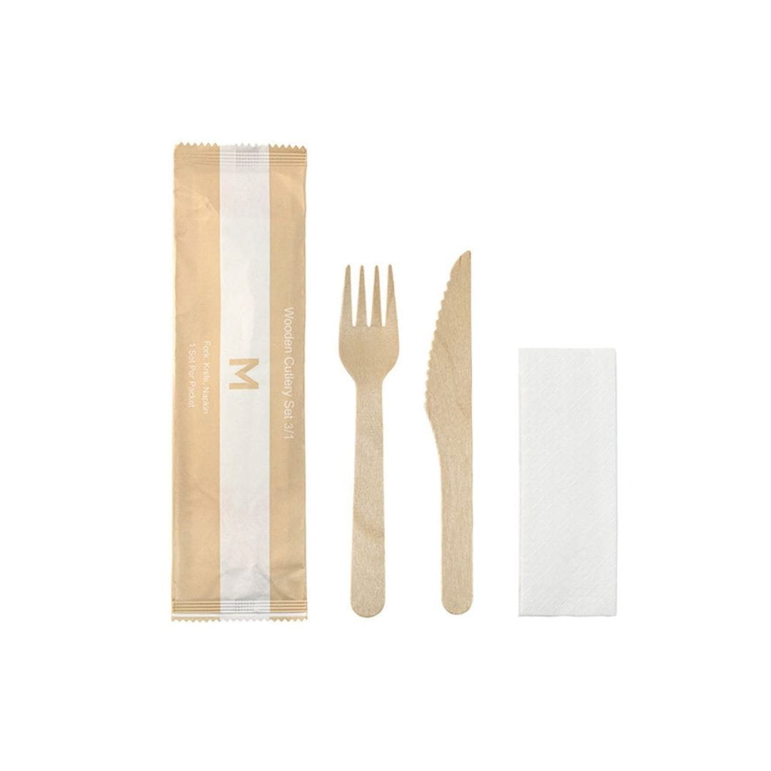 Natural wooden cutlery set fork knife napkin FSC 100% 400 sets
