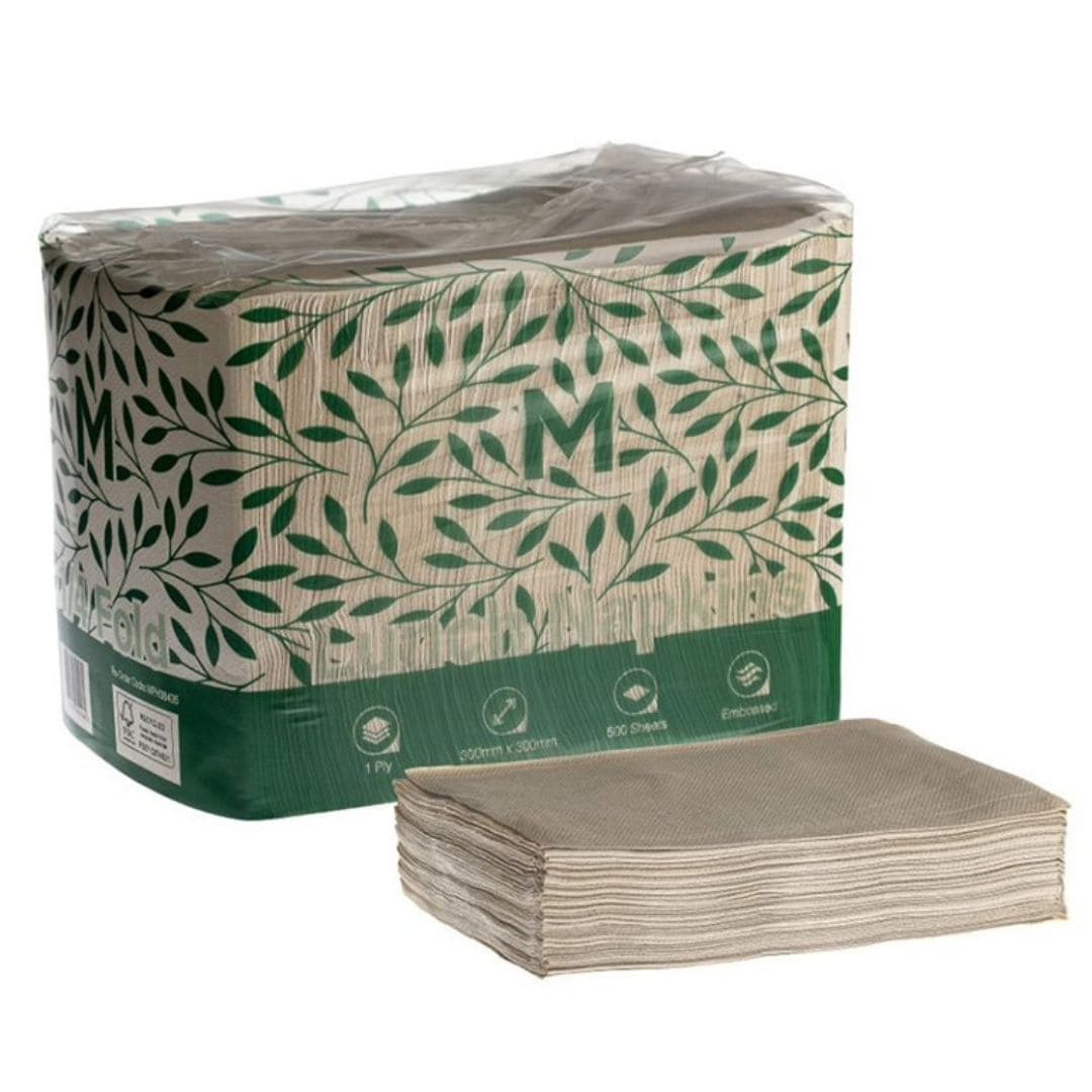 Brown embossed lunch napkins 300x300mm 1 ply FSC Recycled 1/4 fold