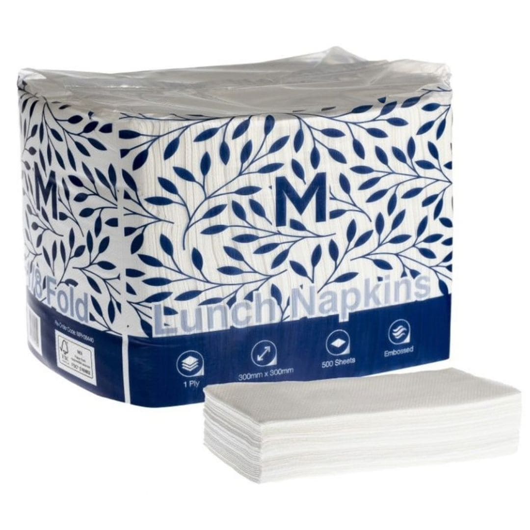 White embossed lunch napkins 300x300mm 1 ply FSC Mix 1/8 fold