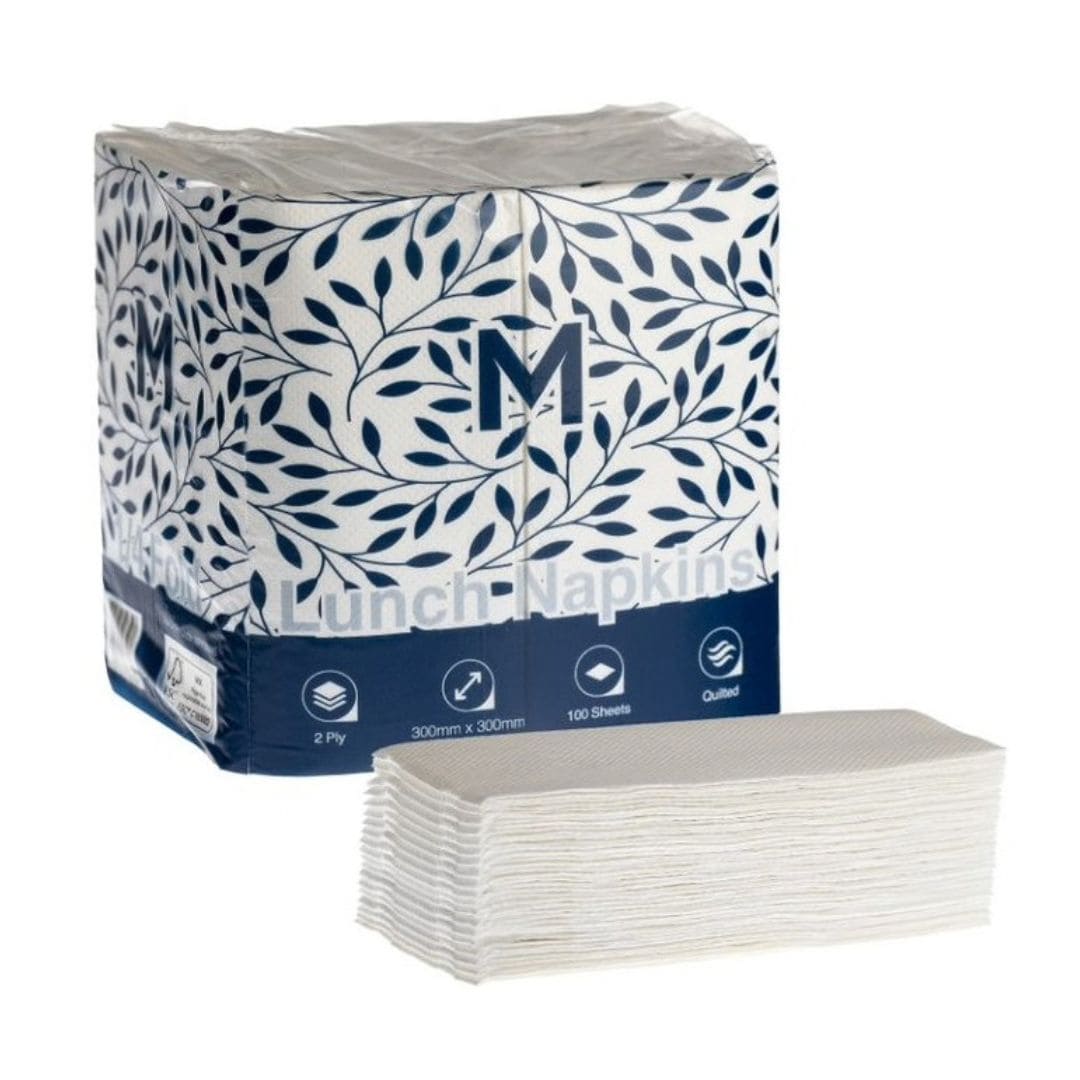 White quilted lunch napkins 300x300mm 2 ply FSC Mix 1/4 fold 1200 per box