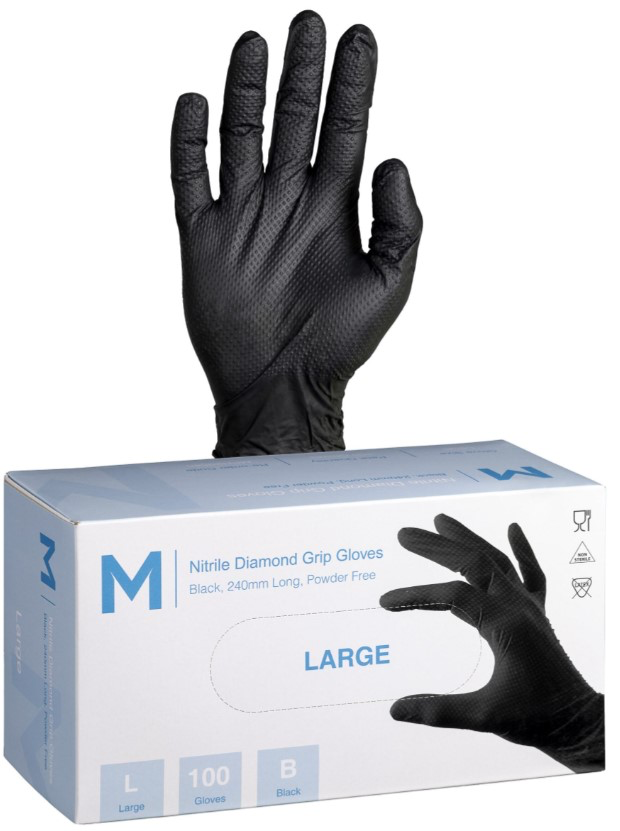 Nitrile Diamond Grip Gloves Powder Free - Black, 240mm Cuff, 9.0g - 1000 Gloves/Carton