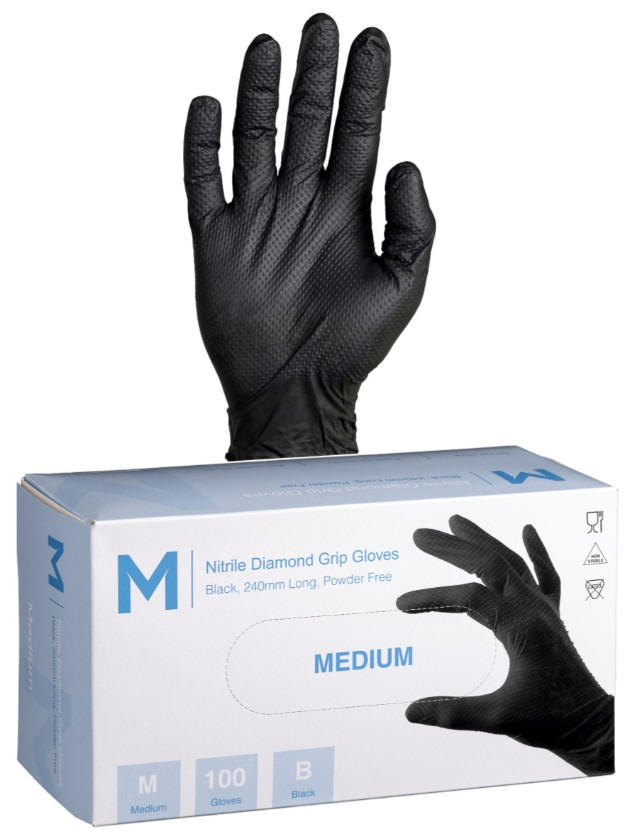 Nitrile Diamond Grip Gloves Powder Free - Black, 240mm Cuff, 9.0g - 1000 Gloves/Carton