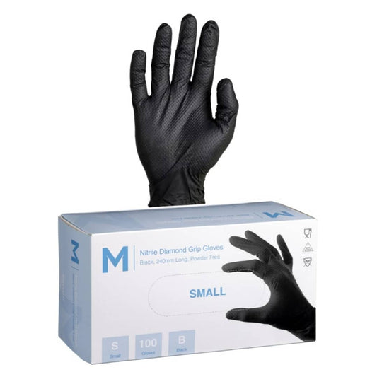 Nitrile Diamond Grip Gloves Powder Free - Black, Small 240mm Cuff, 9.0g - 1000 Gloves/Carton