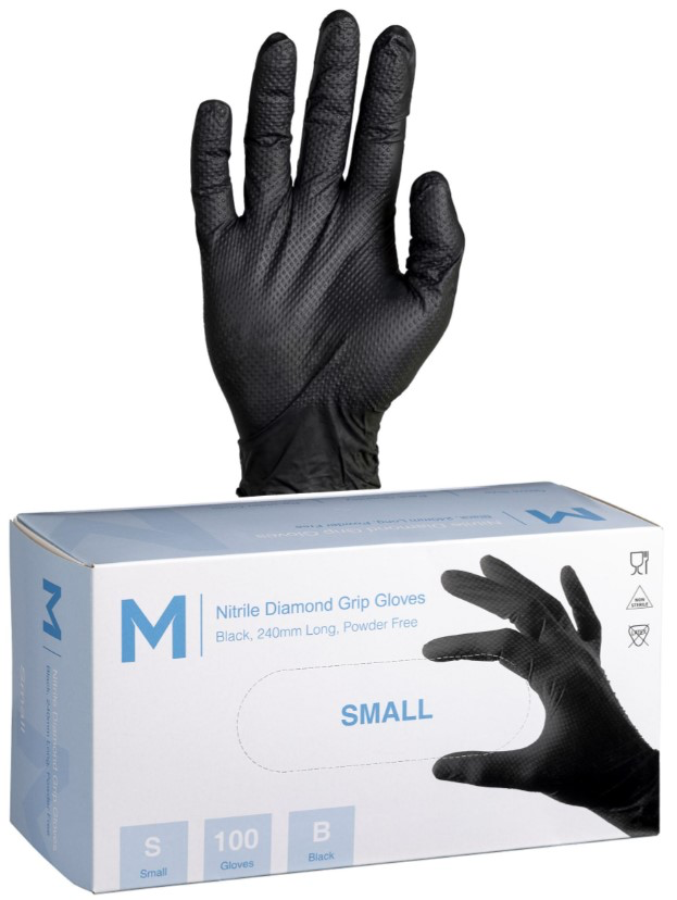 Nitrile Diamond Grip Gloves Powder Free - Black, 240mm Cuff, 9.0g - 1000 Gloves/Carton