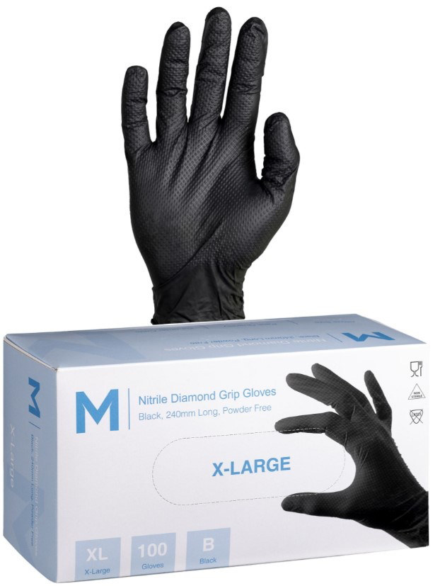 Nitrile Diamond Grip Gloves Powder Free - Black, 240mm Cuff, 9.0g - 1000 Gloves/Carton