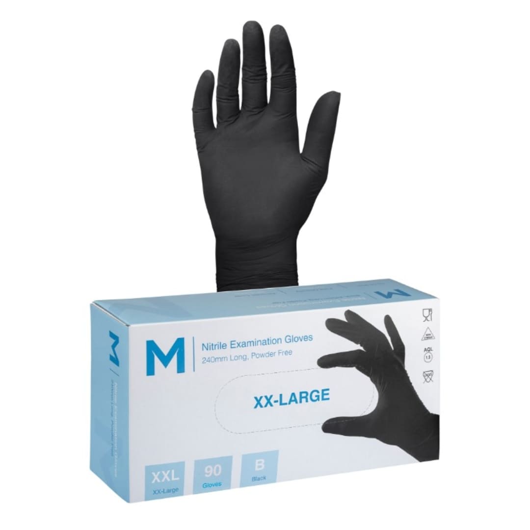 Nitrile Examination Gloves Powder Free - Black, XX Large 240mm Cuff, 7.0g- 1000 Gloves/Carton