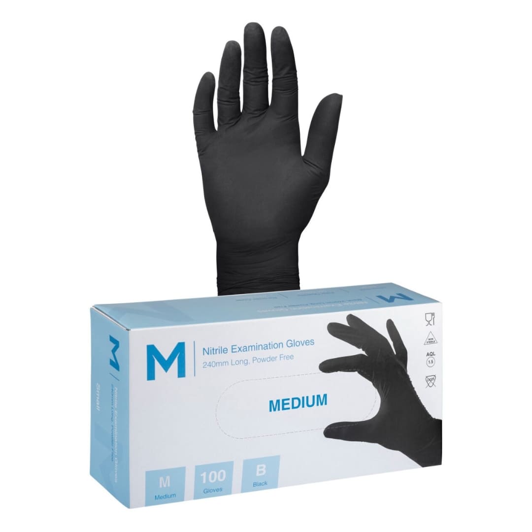 Nitrile Examination Gloves Powder Free - Black, Medium 240mm Cuff, 7.0g- 1000 Gloves/Carton