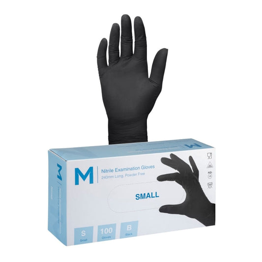 Nitrile Examination Gloves Powder Free - Black, Small 240mm Cuff, 7.0g - 100 Gloves/Pack