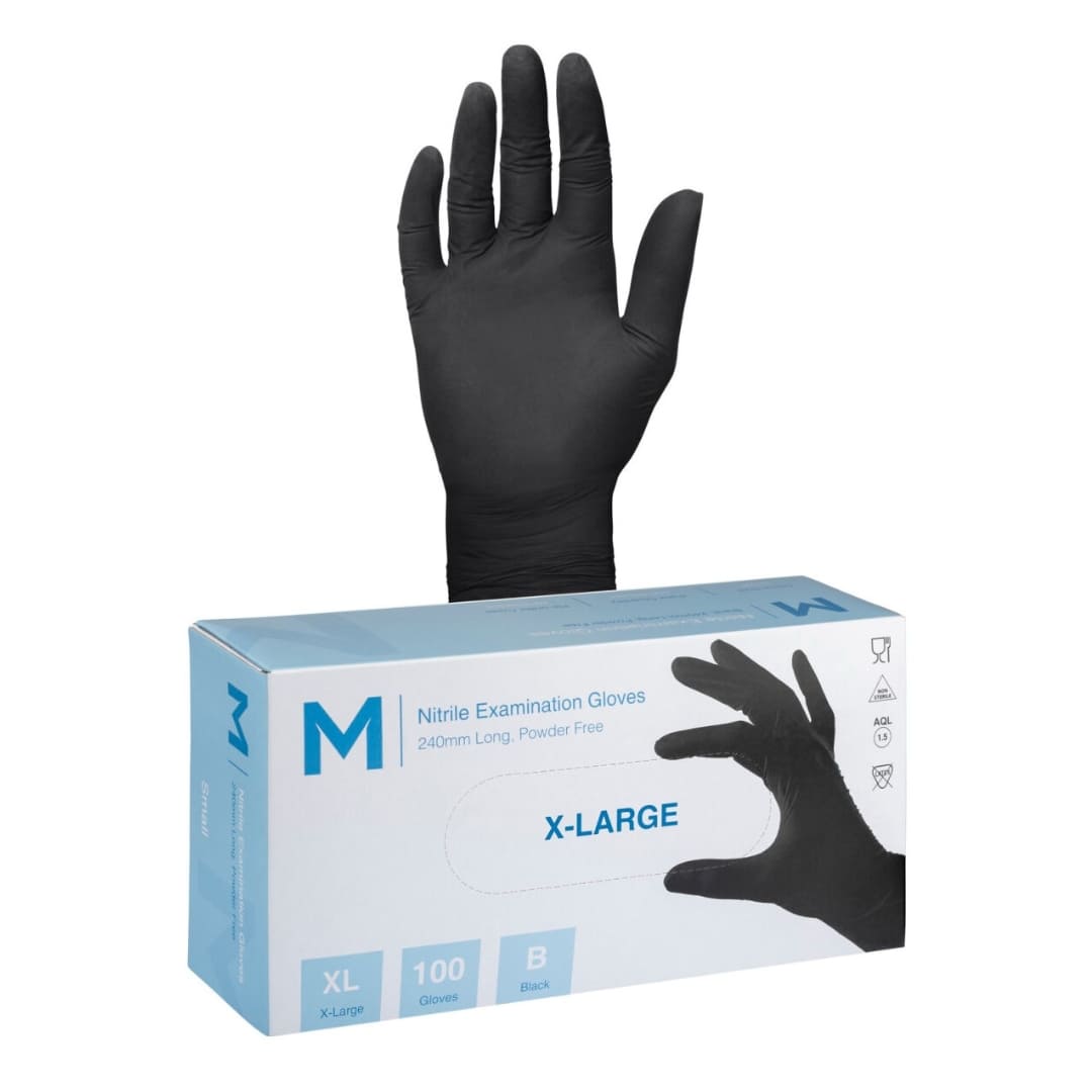 Nitrile Examination Gloves Powder Free - Black, X Large 240mm Cuff, 7.0g- 1000 Gloves/Carton