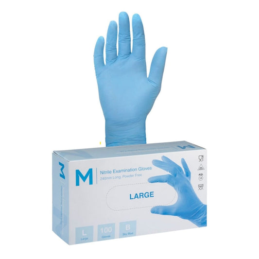 Nitrile Examination Gloves Powder Free - Blue, Large 240mm Cuff, 5.0g - 100 Gloves/Box