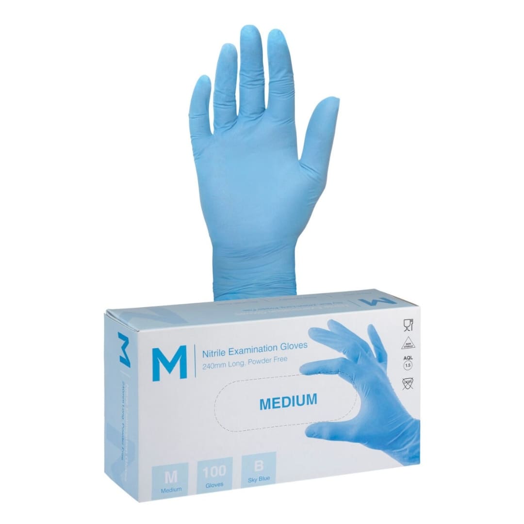 Nitrile Examination Gloves Powder Free - Blue, Medium 240mm Cuff, 5.0g - 100 Gloves/Box