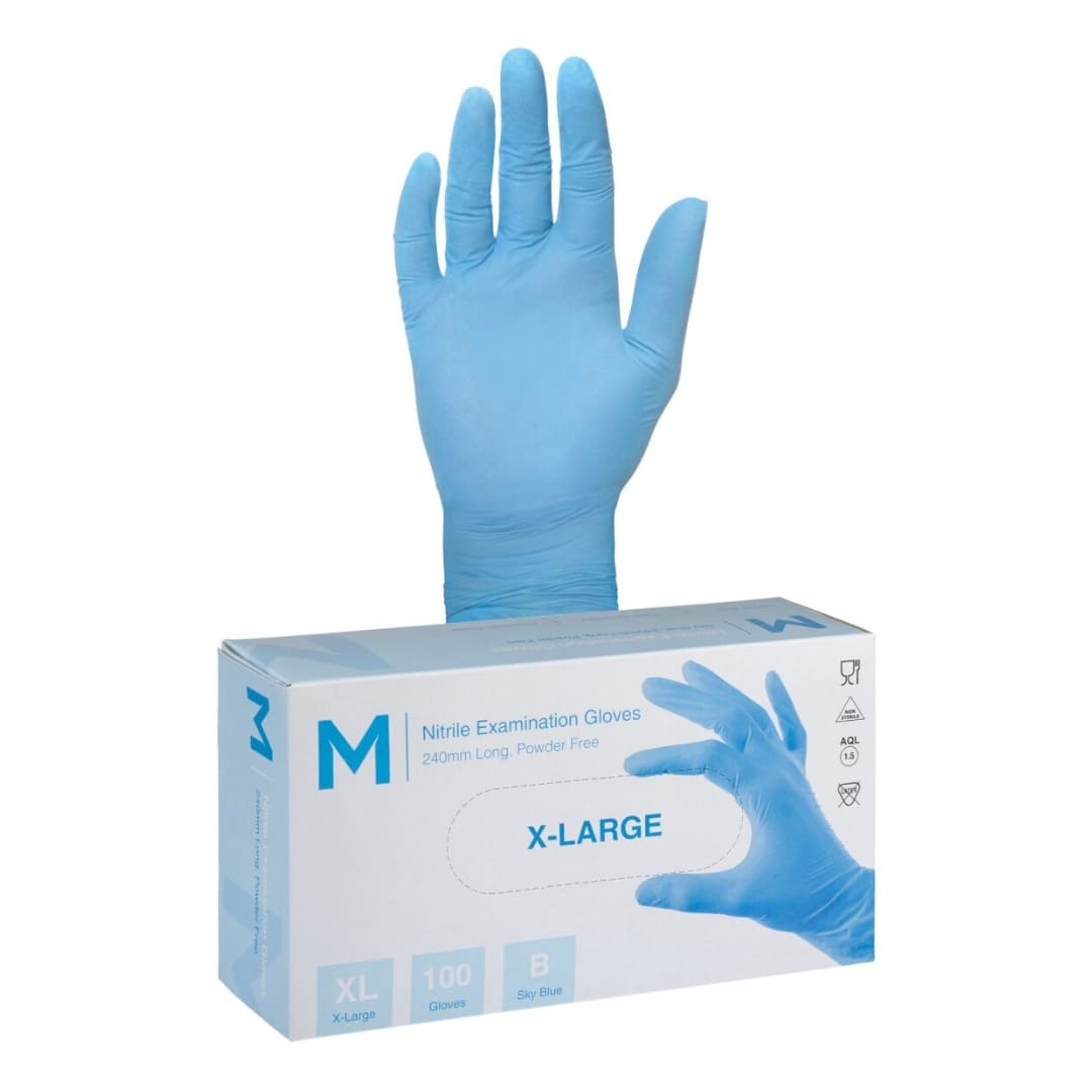 Nitrile Examination Gloves Powder Free - Blue, X Large 240mm Cuff, 5.0g - 100 Gloves/Box