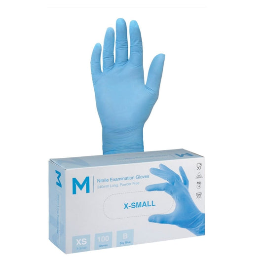 Nitrile Examination Gloves Powder Free - Blue, X Small 240mm Cuff, 5.0g - 1000 Gloves/Carton