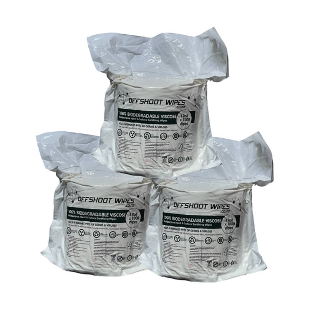 Offshoot 100% Biodegradable VISCOSE Hand & Surface Wipes - 1,000 Wipes - Carton of 3 Rolls