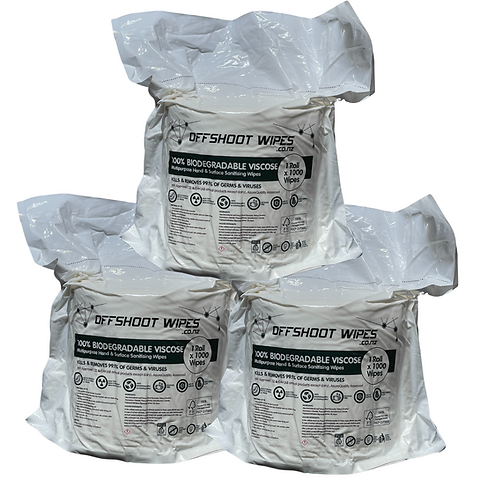 Offshoot 100% Biodegradable VISCOSE Hand & Surface Wipes - 1,000 Wipes - Carton of 3 Rolls