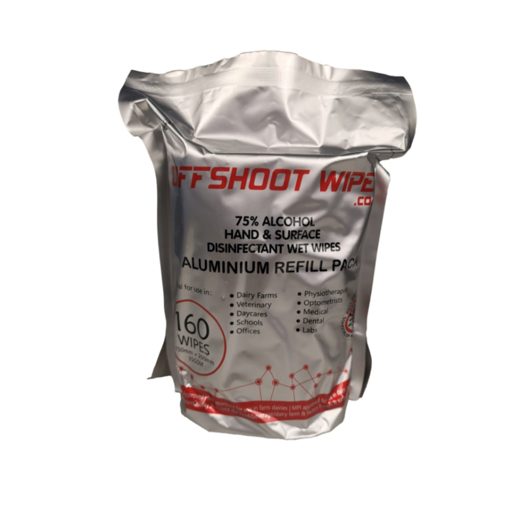 Offshoot 75% Alcohol Wet Wipes, 100% Biodegradable Wipes – 160 Wipes per Pack - Carton of 12 Aluminium Packs