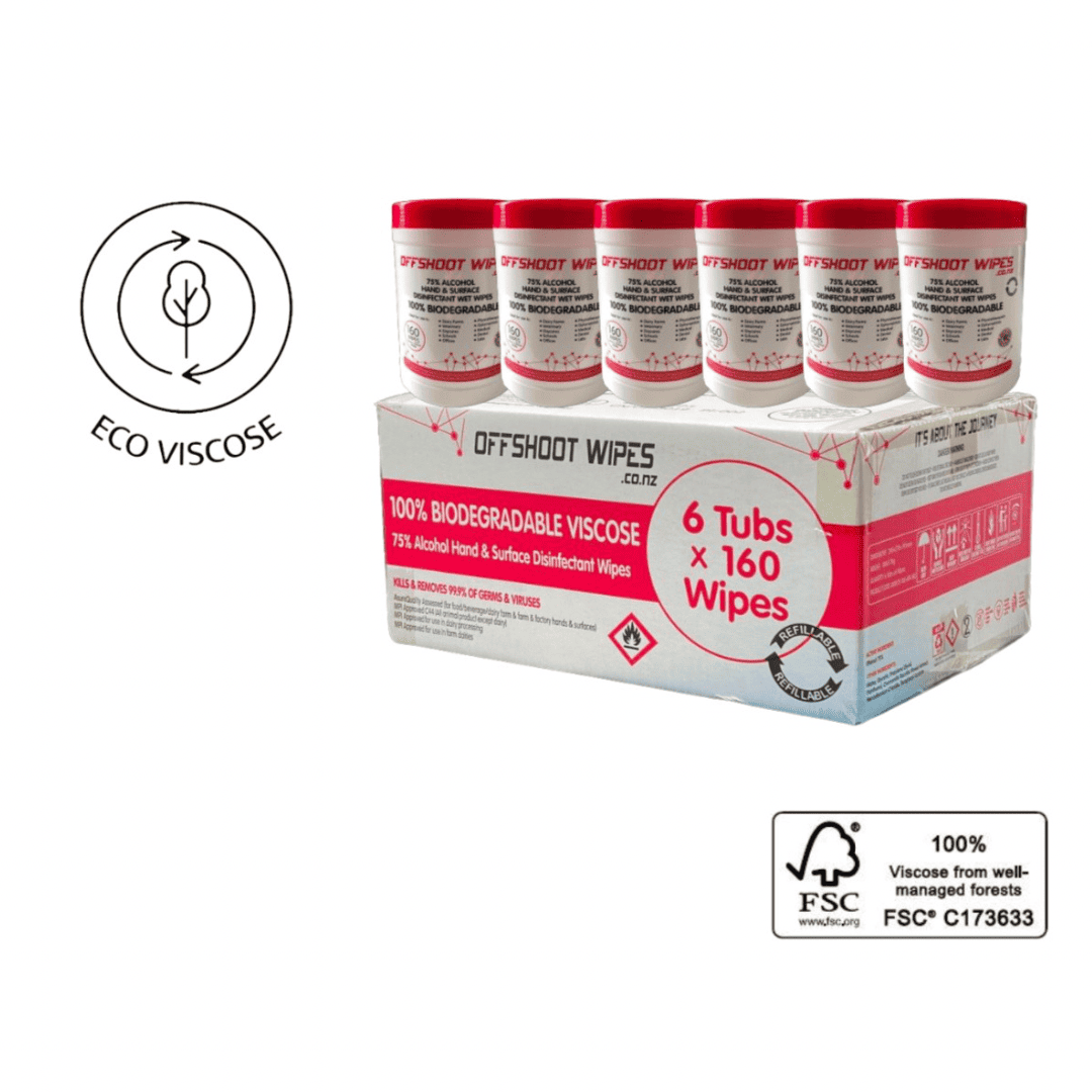 Offshoot 75% Alcohol Wet Wipes, 100% Biodegradable Wipes TUBS – 160 Wipes per Tub - Carton of 6 Tubs