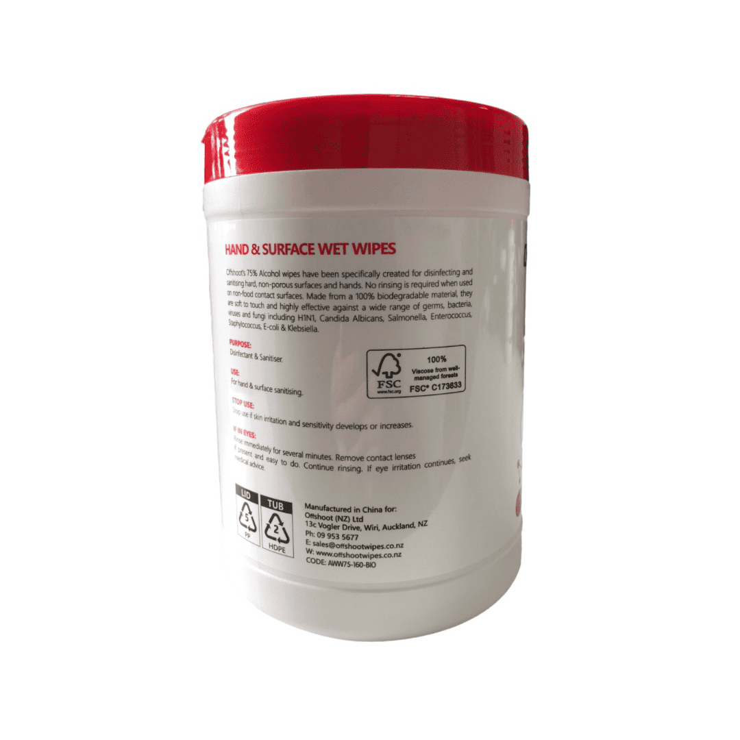 Offshoot 75% Alcohol Wet Wipes, 100% Biodegradable Wipes TUBS – 160 Wipes per Tub - Carton of 6 Tubs