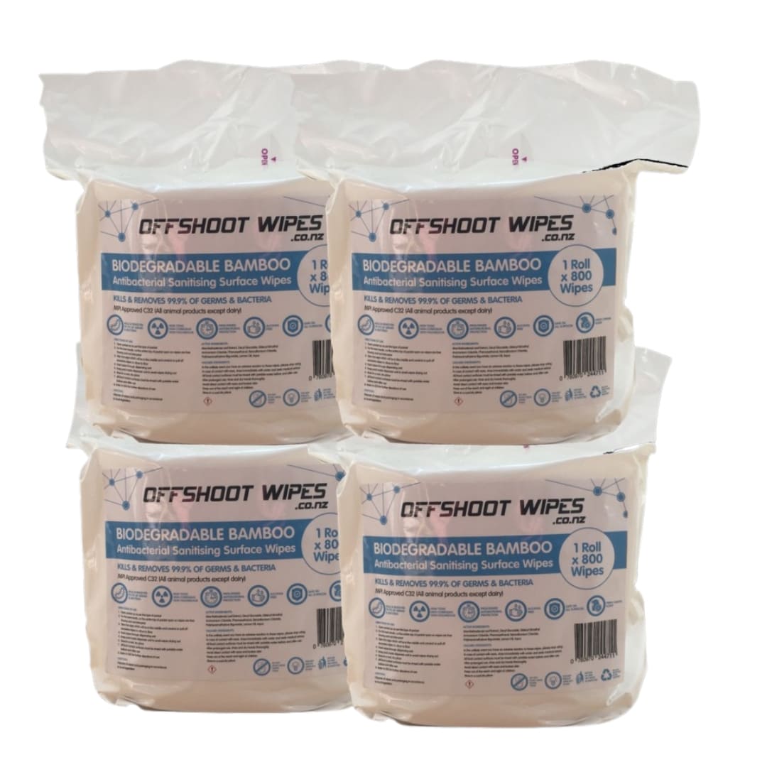 Offshoot Antibacterial Sanitising Surface Wet Wipes Biodegradable White 45gsm Bamboo - Carton of 4 Rolls