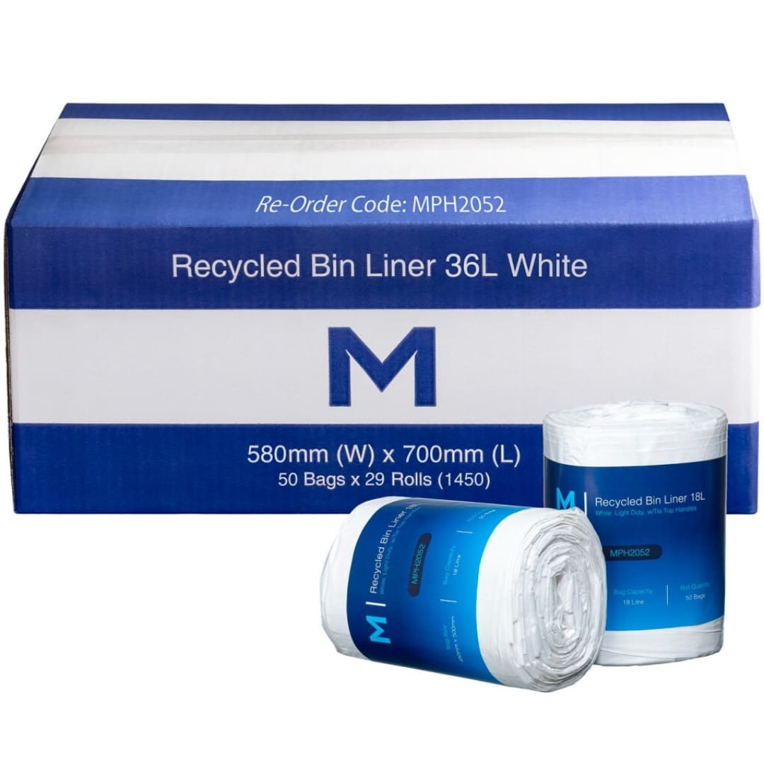 POR Recycled Bin Liner w/Handles 18L - White, 450mm x 500mm x 15mu - 1200 Bags/Box