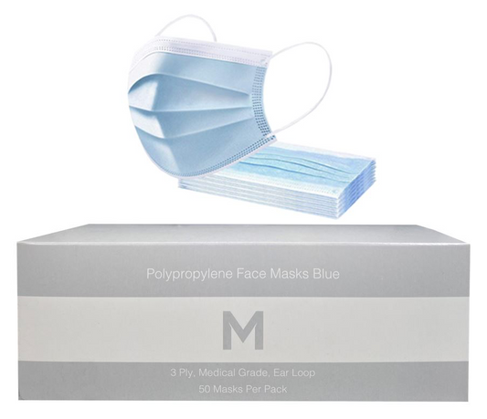 Polypropylene Medical Face Masks - Blue, 3 Ply, Ear Loop Design - 50 Masks/Pack