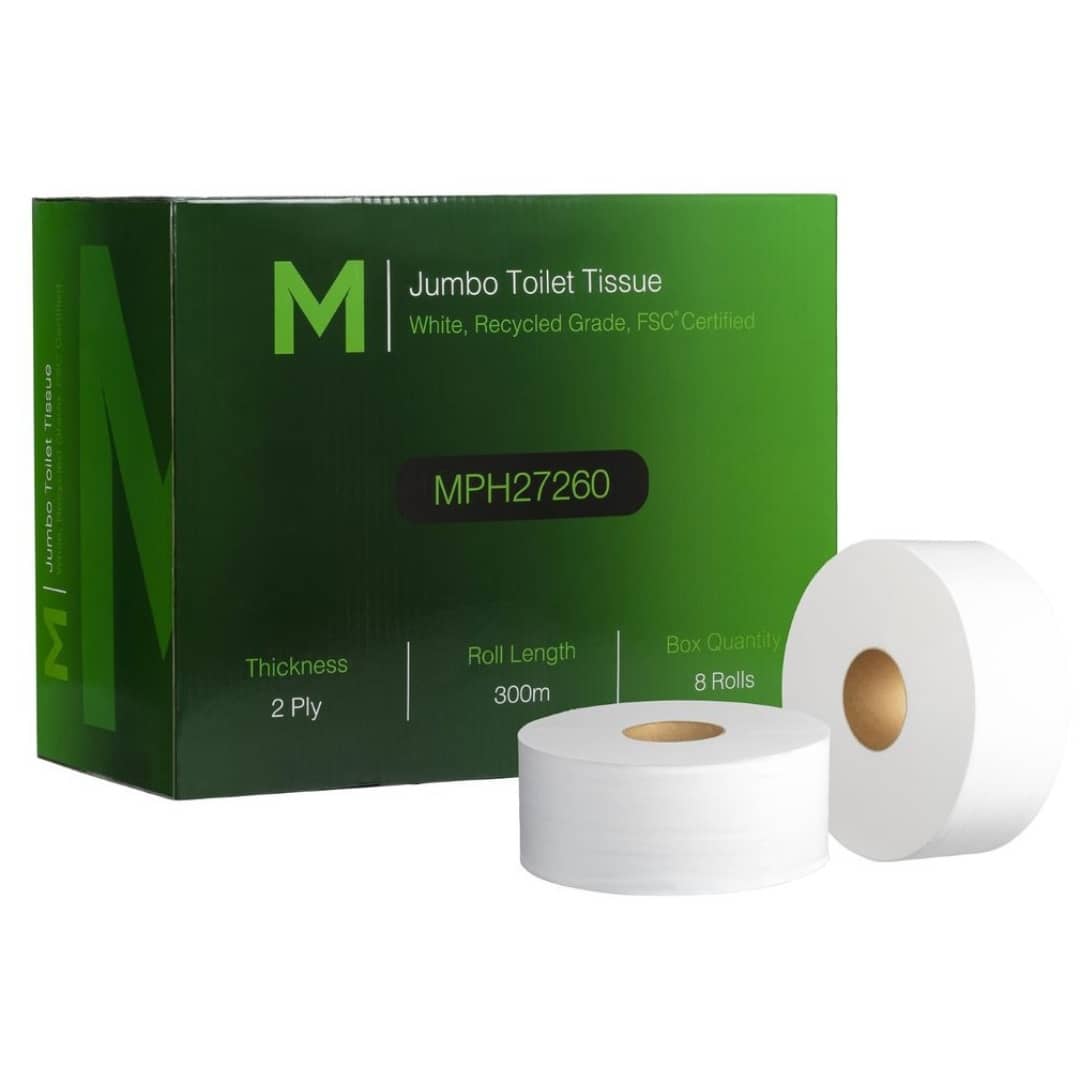 Recycled Jumbo Toilet Tissue Boxed - White, 2 Ply, 300m, FSC® Recycled - 8 Rolls/Box