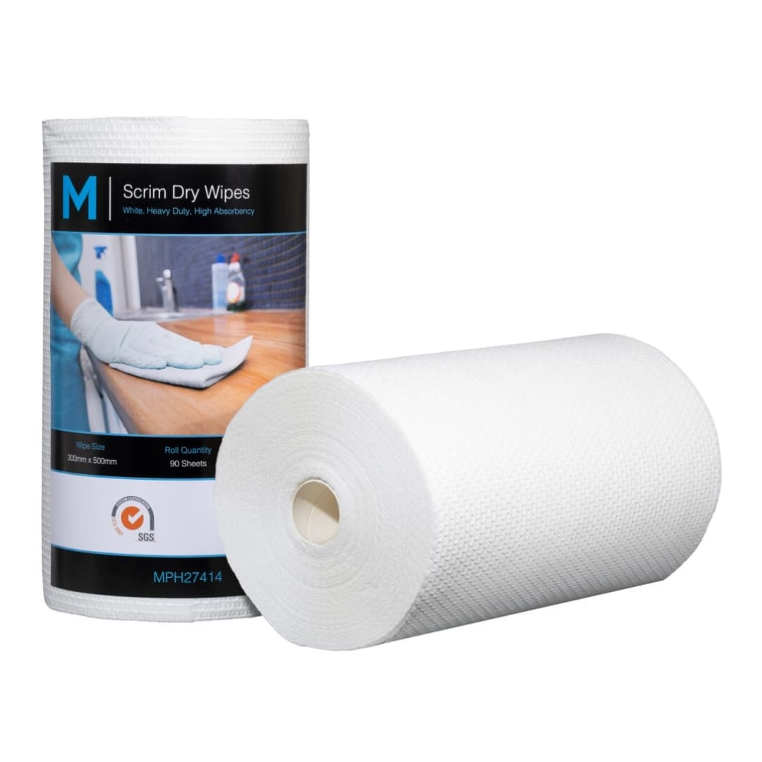 Scrim Hexagonal Dry Wipes - White, 300mm x 500mm, 90 Sheets, 80gsm - 4 Rolls/Box