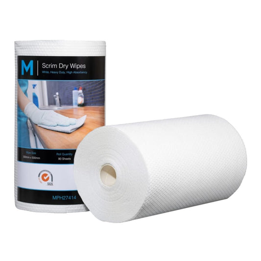 Scrim Hexagonal Dry Wipes - White, 300mm x 500mm, 90 Sheets, 80gsm - 4 Rolls/Box