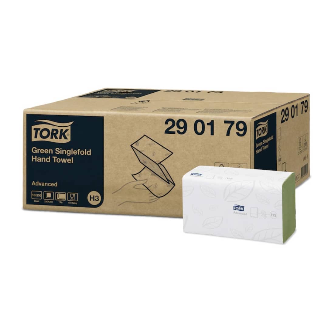 Tork H3 Hand Towel Singlefold Advanced 2 Ply 290179 H3 250 Sheets Green - Carton of 15 Packs
