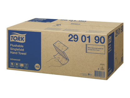 Tork Hand Towel Flushable Singlefold Advanced 2 Ply 290190 H3 250 Sheets White - Carton of 15 Packs