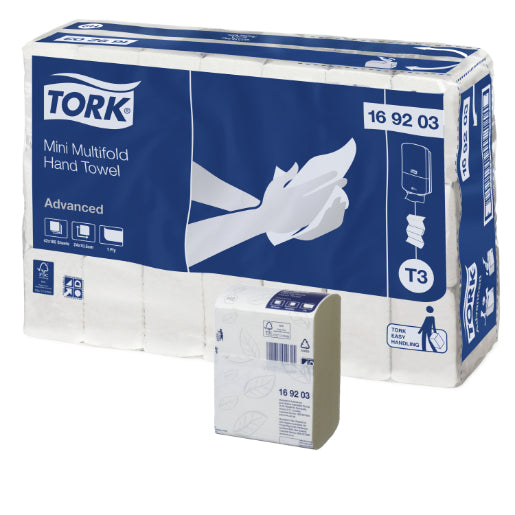 Tork Hand Towel Mini Multifold Advanced 1 Play 169203 T3 185 Sheets White - Carton of 42 Packs