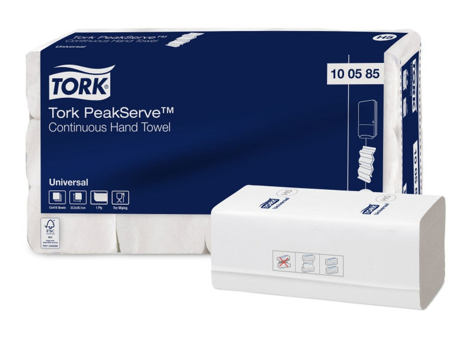 Tork Hand Towel PeakServe Continuous Universal 1 Ply 100585 H5 410 Sheets White - Case of 12 Packs