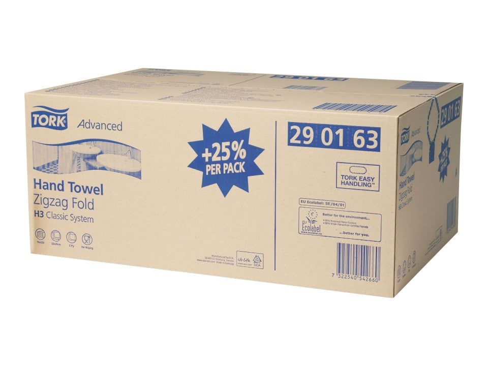Tork Hand Towel Singlefold Advanced 2 Ply 290163 H3 250 Sheets White - Carton 15 of Packs