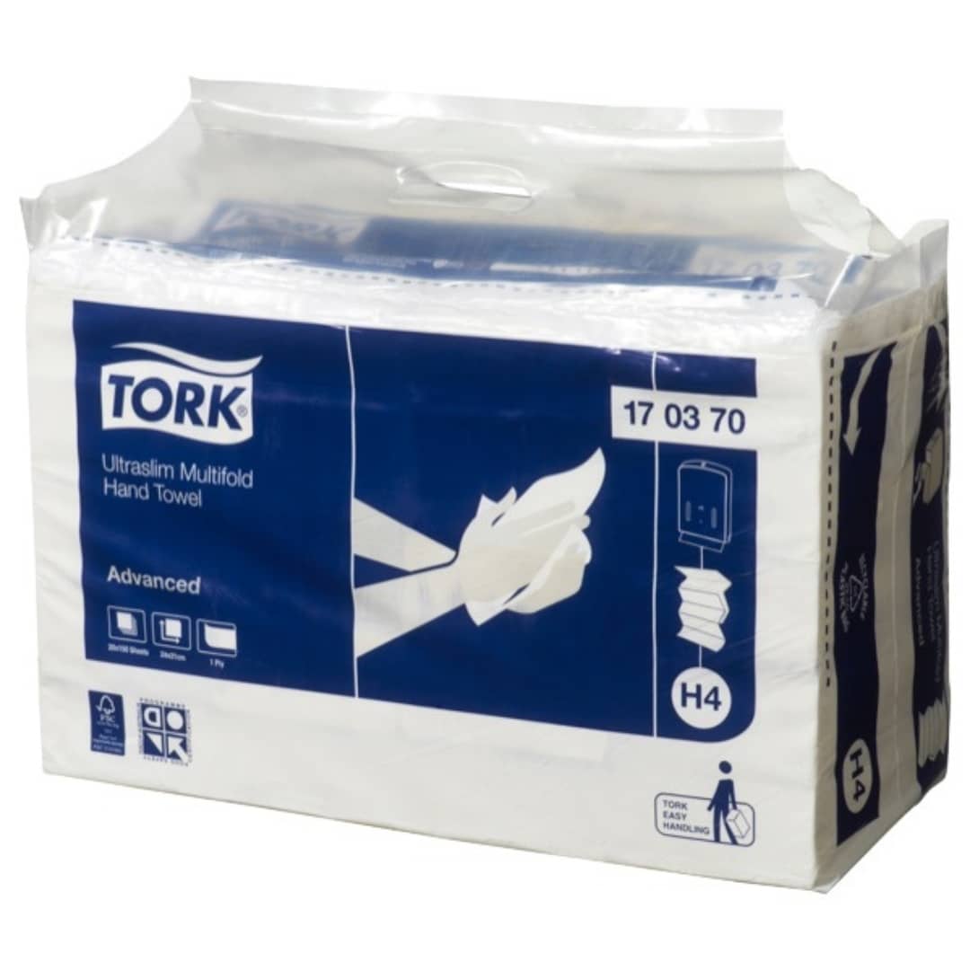 Tork Hand Towel Ultraslim Multifold Advanced 1 Ply 170370 H4 150 Sheets White - Carton of 20 Packs