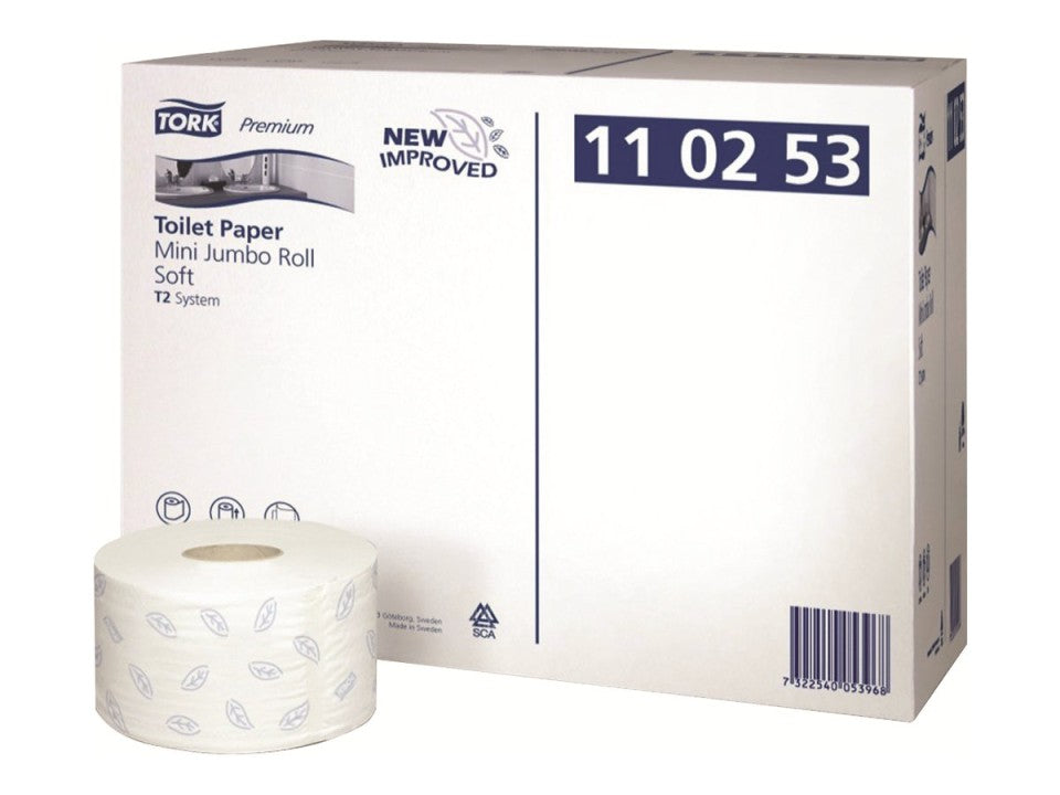 Tork Toilet Roll Premium Mini Jumbo Soft 2 Ply 110253 T2 170m White - Carton of 12 Rolls