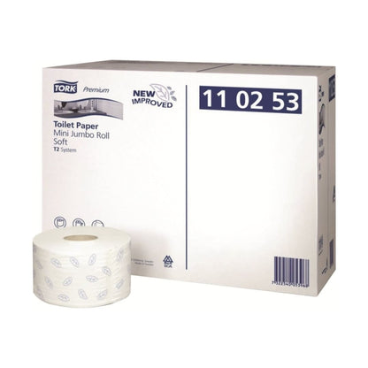 White Tork Toilet Roll Premium Mini Jumbo Soft 2 Ply 110253 T2 170m - Carton of 12 Rolls