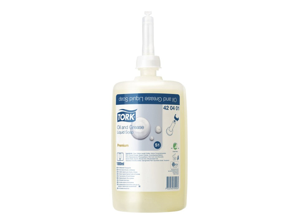 Tork 420401 Oil and Grease Liquid Soap helps remove stubborn oil and grease for effective workplace hand cleaning.
