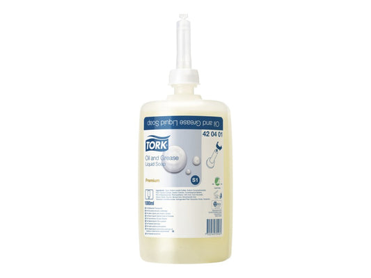 Tork 420401 Oil and Grease Liquid Soap helps remove stubborn oil and grease for effective workplace hand cleaning.