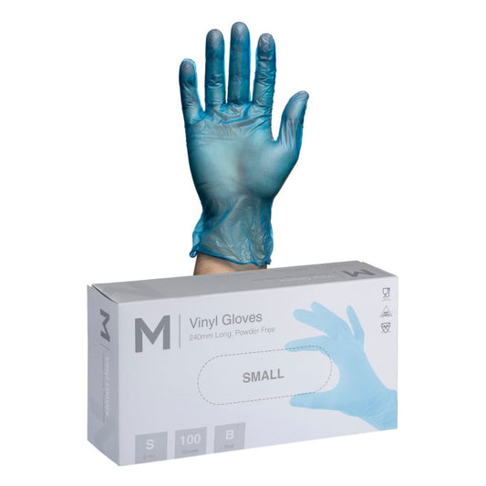 Vinyl Gloves Powder Free - Blue, Small 240mm Cuff, 5.0g - 100 Gloves/Box