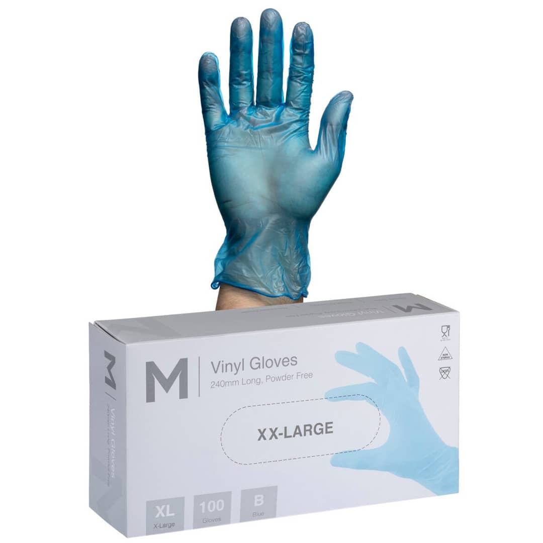 Vinyl Gloves Powder Free - Blue, XX Large 240mm Cuff, 5.0g - 1000 Gloves/Carton