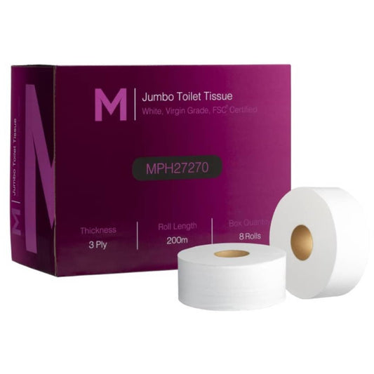 Virgin Jumbo Toilet Tissue Boxed - White, 3 Ply, 200m, FSC® Mix - 8 Rolls/Box