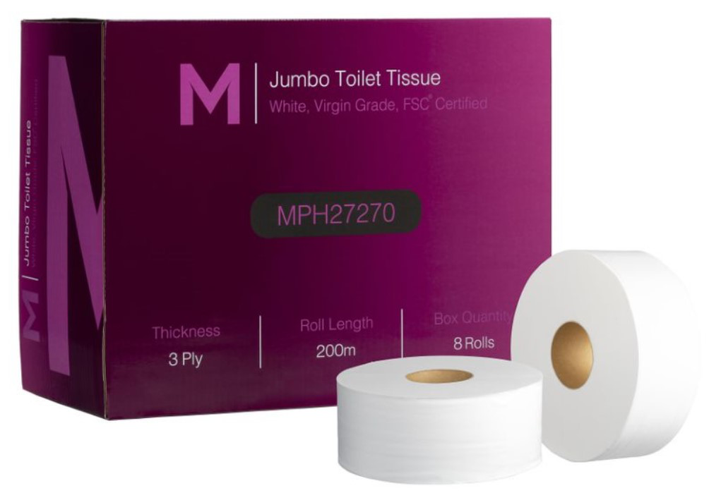 Virgin Jumbo Toilet Tissue Boxed - White, 3 Ply, 200m, FSC® Mix - 8 Rolls/Box