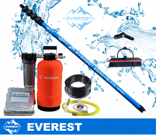 Everest water filter kit with a blue cleaning pole, orange canister, black filter cartridge etc